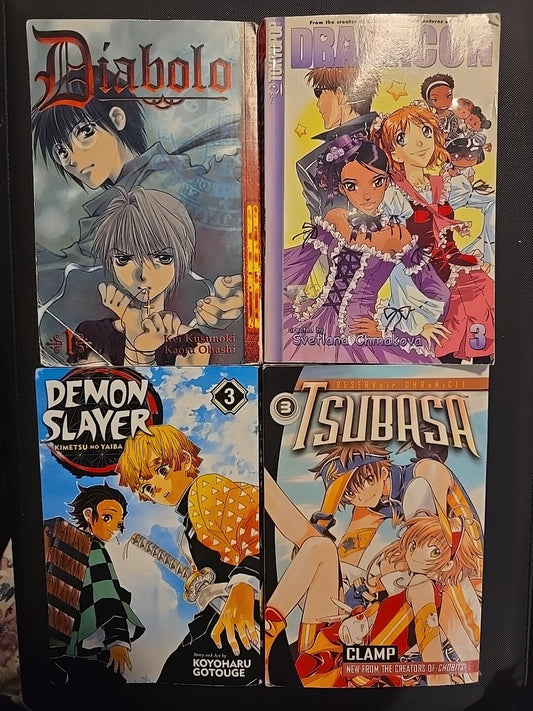 4 Manga Lot Diabolo 1, Demon Slayer 3, DramaCon 3, & Tsubasa 3